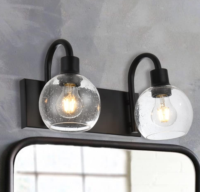 Bathroom Vanity Light with Globe Seeded Glass 2-Lights Industrial Black Wall Sconce Lighting for Foyer Hallway