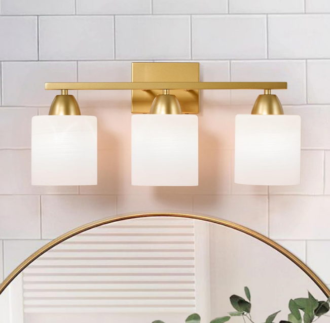 Gold Bathroom Light Fixtures - 3 Light Modern Vanity Light Over Mirror, 19in Wall Sconces with Milky White Frosted Glass Shades, E26 Socket (Bulbs Not Included)
