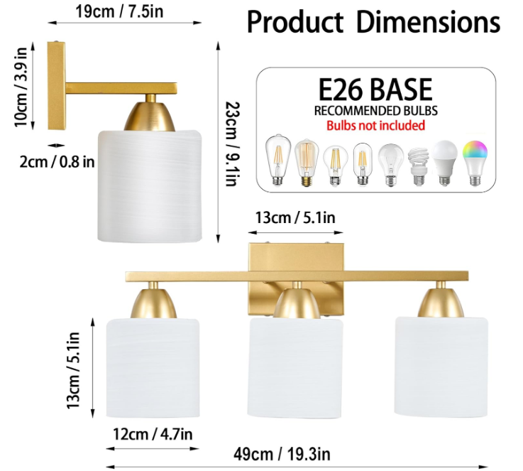 Gold Bathroom Light Fixtures - 3 Light Modern Vanity Light Over Mirror, 19in Wall Sconces with Milky White Frosted Glass Shades, E26 Socket (Bulbs Not Included)