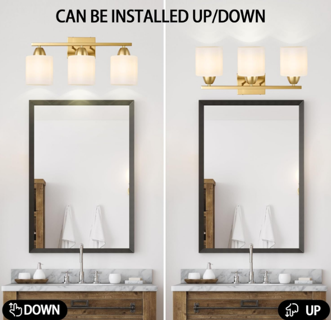 Gold Bathroom Light Fixtures - 3 Light Modern Vanity Light Over Mirror, 19in Wall Sconces with Milky White Frosted Glass Shades, E26 Socket (Bulbs Not Included)