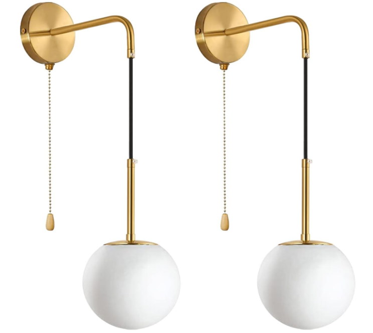 Gold Wall Sconces with Pull Chain Switch, Mid Century Modern Wall Sconces Set of Two Glass Globe Shade Hanging Bathroom Vanity Light Decor Indoor Wall Mounted Lamp for Bedside Bedroom Living Room