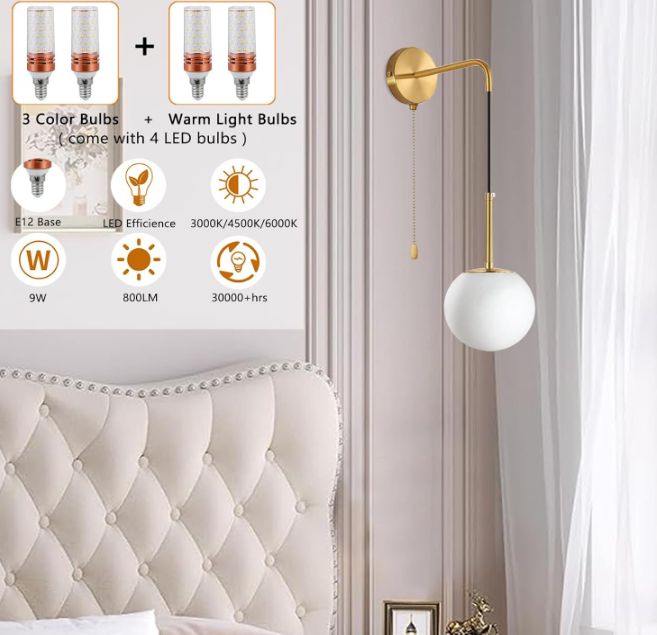 Gold Wall Sconces with Pull Chain Switch, Mid Century Modern Wall Sconces Set of Two Glass Globe Shade Hanging Bathroom Vanity Light Decor Indoor Wall Mounted Lamp for Bedside Bedroom Living Room