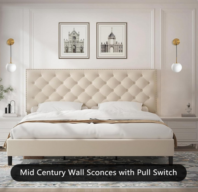 Gold Wall Sconces with Pull Chain Switch, Mid Century Modern Wall Sconces Set of Two Glass Globe Shade Hanging Bathroom Vanity Light Decor Indoor Wall Mounted Lamp for Bedside Bedroom Living Room