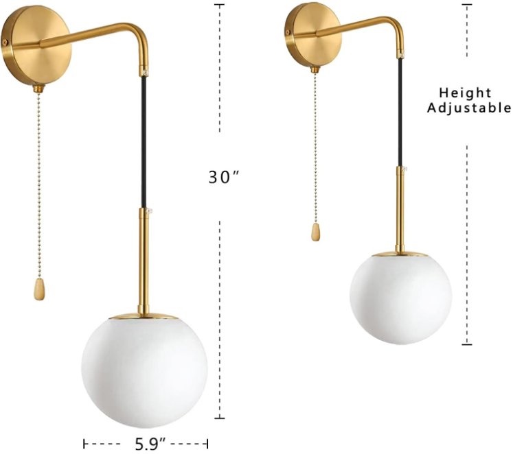 Gold Wall Sconces with Pull Chain Switch, Mid Century Modern Wall Sconces Set of Two Glass Globe Shade Hanging Bathroom Vanity Light Decor Indoor Wall Mounted Lamp for Bedside Bedroom Living Room