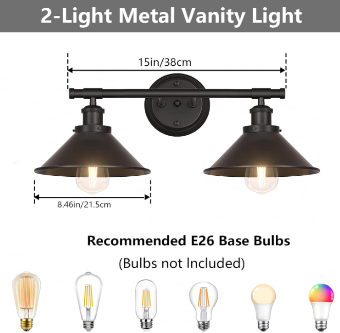 Black 2-Light Vanity Wall Sconce Lighting, Farmhouse Bathroom Wall Light Fixtures Over Mirror, Industrial Rustic Indoor Bathroom Vanity Lights for Cabinet Dressing Table Living Room
