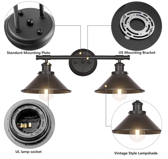 Black 2-Light Vanity Wall Sconce Lighting, Farmhouse Bathroom Wall Light Fixtures Over Mirror, Industrial Rustic Indoor Bathroom Vanity Lights for Cabinet Dressing Table Living Room