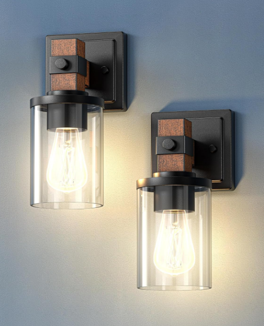 Wall Sconces Set of 2, Farmhouse Vanity Lights Fixtures for Bathroom, 1-Light Faux Wood Rustic Bath Wall Mount Lamp with Clear Glass Shade for Hallway, Living Room, Mirror, Kitchen