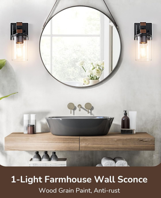 Wall Sconces Set of 2, Farmhouse Vanity Lights Fixtures for Bathroom, 1-Light Faux Wood Rustic Bath Wall Mount Lamp with Clear Glass Shade for Hallway, Living Room, Mirror, Kitchen