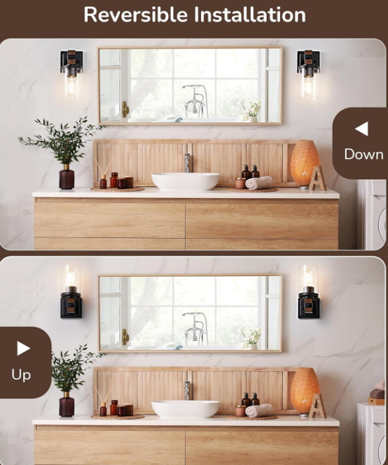 Wall Sconces Set of 2, Farmhouse Vanity Lights Fixtures for Bathroom, 1-Light Faux Wood Rustic Bath Wall Mount Lamp with Clear Glass Shade for Hallway, Living Room, Mirror, Kitchen