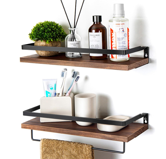 Floating Shelves for Wall, Bathroom Shelves with Towel Bar, Wall Mounted Storage Shelves for Kitchen, Bathroom, Set of 2 Brown