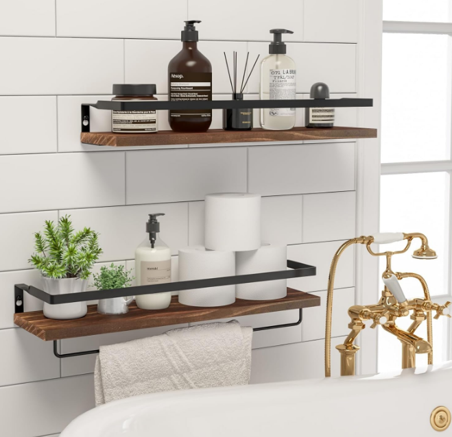 Floating Shelves for Wall, Bathroom Shelves with Towel Bar, Wall Mounted Storage Shelves for Kitchen, Bathroom, Set of 2 Brown