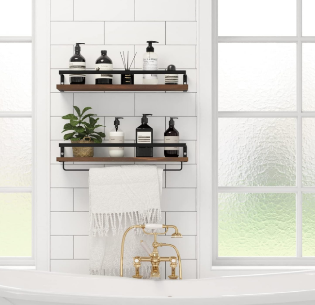 Floating Shelves for Wall, Bathroom Shelves with Towel Bar, Wall Mounted Storage Shelves for Kitchen, Bathroom, Set of 2 Brown