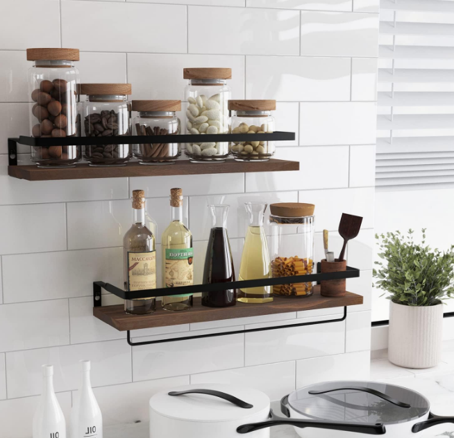 Floating Shelves for Wall, Bathroom Shelves with Towel Bar, Wall Mounted Storage Shelves for Kitchen, Bathroom, Set of 2 Brown