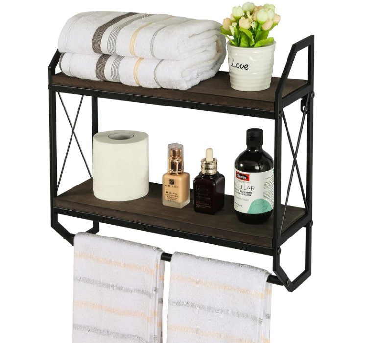 2 Tier Metal Industrial Bathroom Shelves with Towel Bar Floating Storage Organizer Shelves Rustic Wall Mounted Shelves Over Toilet Towel Rack for Bathroom, Bedroom, Kitchen