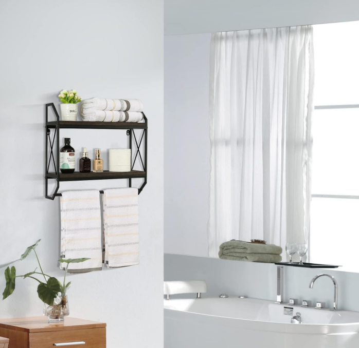 2 Tier Metal Industrial Bathroom Shelves with Towel Bar Floating Storage Organizer Shelves Rustic Wall Mounted Shelves Over Toilet Towel Rack for Bathroom, Bedroom, Kitchen