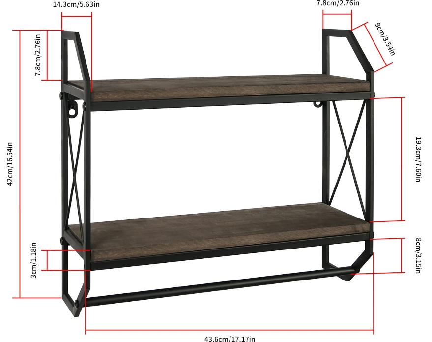 2 Tier Metal Industrial Bathroom Shelves with Towel Bar Floating Storage Organizer Shelves Rustic Wall Mounted Shelves Over Toilet Towel Rack for Bathroom, Bedroom, Kitchen