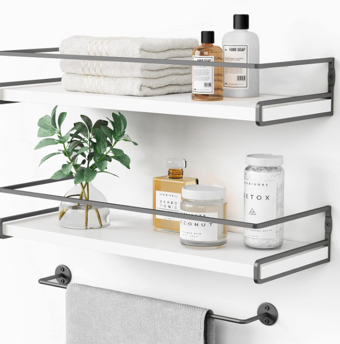  White Floating Shelves for Bathroom Organizer Over Toilet, Bathroom Shelves Wall Mounted with Towel Rack, Corner Wall Shelf for Bedroom Decor Kitchen Storage (White-Dark Grey, Set of 2)
