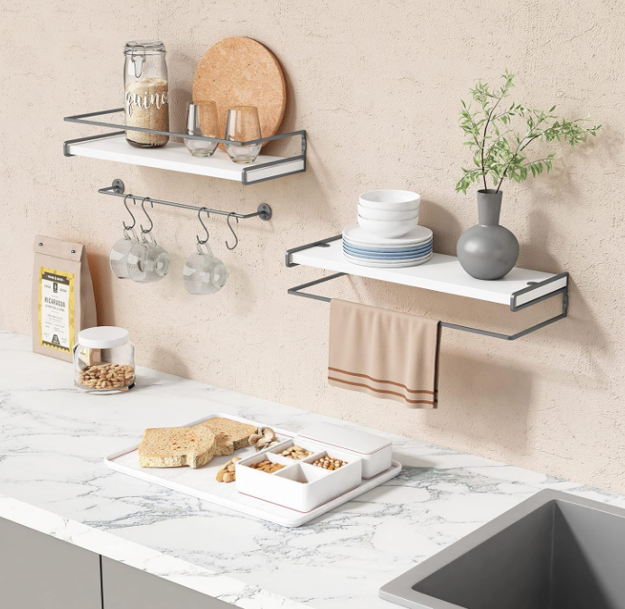  White Floating Shelves for Bathroom Organizer Over Toilet, Bathroom Shelves Wall Mounted with Towel Rack, Corner Wall Shelf for Bedroom Decor Kitchen Storage (White-Dark Grey, Set of 2)