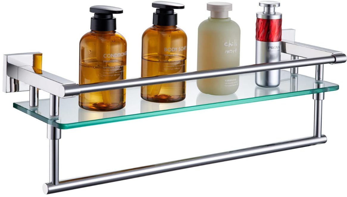 Bathroom Shelves with Towel Holder Rustproof 20'' Bathroom Tempered Glass Shelf with Rails Wall Mounted Stainless Steel, Polished Chrome Finish