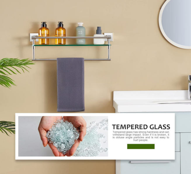 Bathroom Shelves with Towel Holder Rustproof 20'' Bathroom Tempered Glass Shelf with Rails Wall Mounted Stainless Steel, Polished Chrome Finish