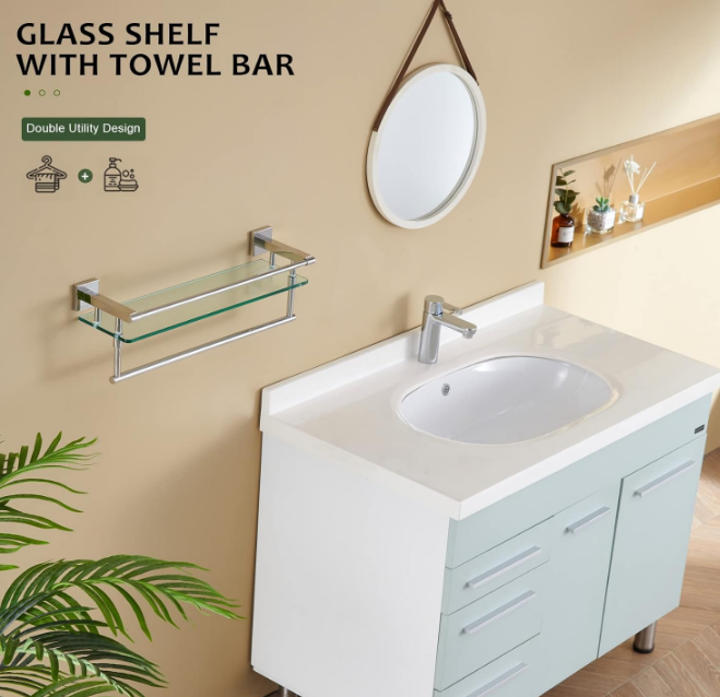 Bathroom Shelves with Towel Holder Rustproof 20'' Bathroom Tempered Glass Shelf with Rails Wall Mounted Stainless Steel, Polished Chrome Finish