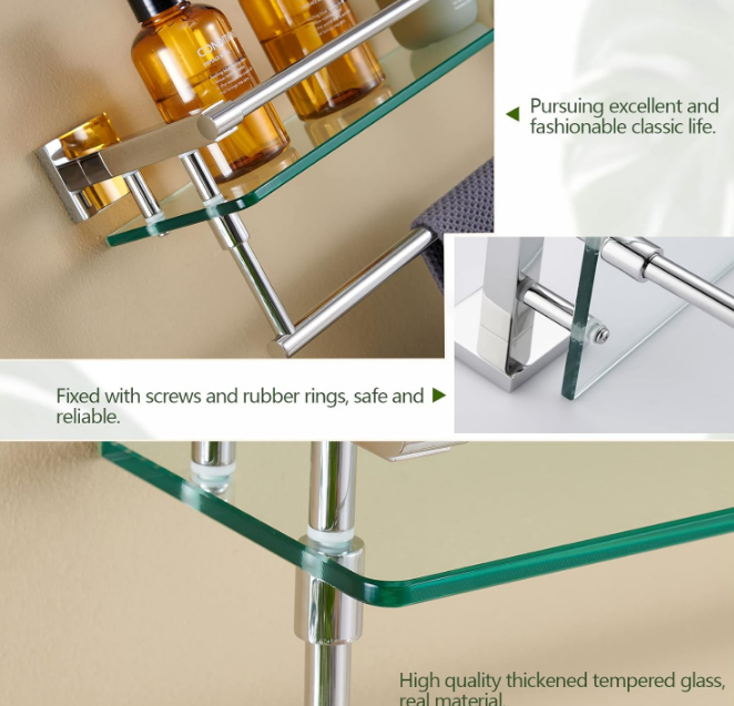 Bathroom Shelves with Towel Holder Rustproof 20'' Bathroom Tempered Glass Shelf with Rails Wall Mounted Stainless Steel, Polished Chrome Finish