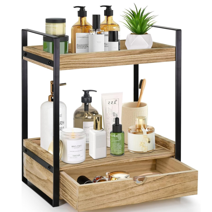 2-Tier Bathroom Organizer Countertop with Drawer, Wood Counter Shelf for Bathroom Storage, Vanity Tray for Bathroom Organization and Decor, Countertop Organizer for Bathroom, Kitchen, Office (Brown)