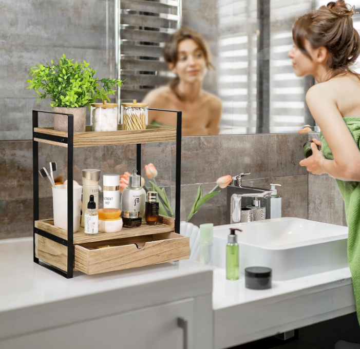 2-Tier Bathroom Organizer Countertop with Drawer, Wood Counter Shelf for Bathroom Storage, Vanity Tray for Bathroom Organization and Decor, Countertop Organizer for Bathroom, Kitchen, Office (Brown)