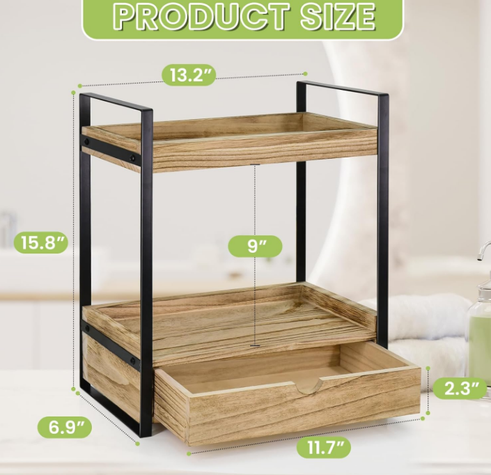 2-Tier Bathroom Organizer Countertop with Drawer, Wood Counter Shelf for Bathroom Storage, Vanity Tray for Bathroom Organization and Decor, Countertop Organizer for Bathroom, Kitchen, Office (Brown)