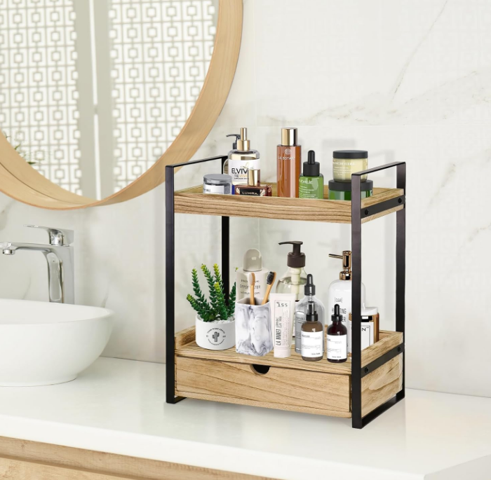 2-Tier Bathroom Organizer Countertop with Drawer, Wood Counter Shelf for Bathroom Storage, Vanity Tray for Bathroom Organization and Decor, Countertop Organizer for Bathroom, Kitchen, Office (Brown)