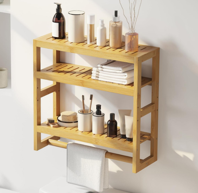 Bathroom Organizer Shelves 3 Tiers Floating Shelf with Hanging Bar Over The Toilet Storage Bathroom Wall Shelf-Adjustable Wall Bathroom Organizer (Natural)