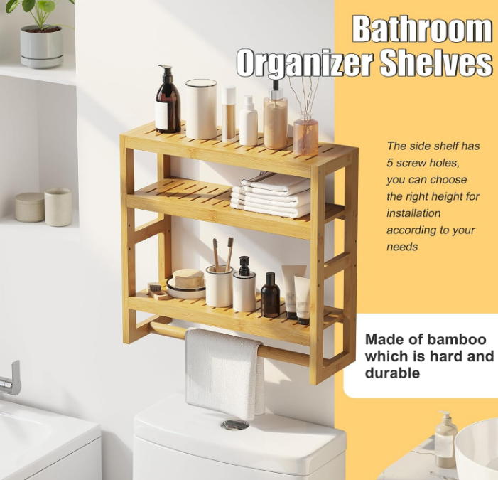 Bathroom Organizer Shelves 3 Tiers Floating Shelf with Hanging Bar Over The Toilet Storage Bathroom Wall Shelf-Adjustable Wall Bathroom Organizer (Natural)