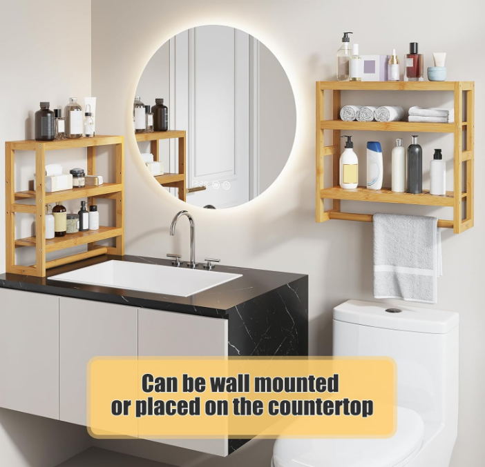 Bathroom Organizer Shelves 3 Tiers Floating Shelf with Hanging Bar Over The Toilet Storage Bathroom Wall Shelf-Adjustable Wall Bathroom Organizer (Natural)