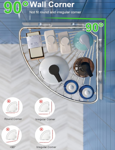 2-Pack Corner Shower Caddy, SUS304 Stainless Steel, Wall Mounted Bathroom Shelf with Adhesive, Storage Organizer for Toilet, Dorm and Kitchen (Silver)