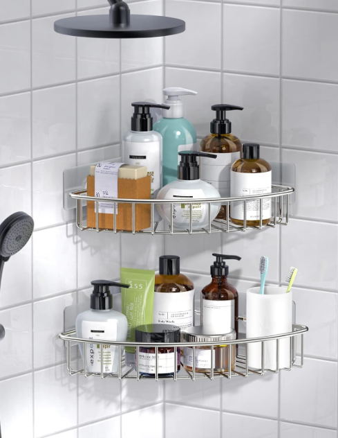 2-Pack Corner Shower Caddy, SUS304 Stainless Steel, Wall Mounted Bathroom Shelf with Adhesive, Storage Organizer for Toilet, Dorm and Kitchen (Silver)