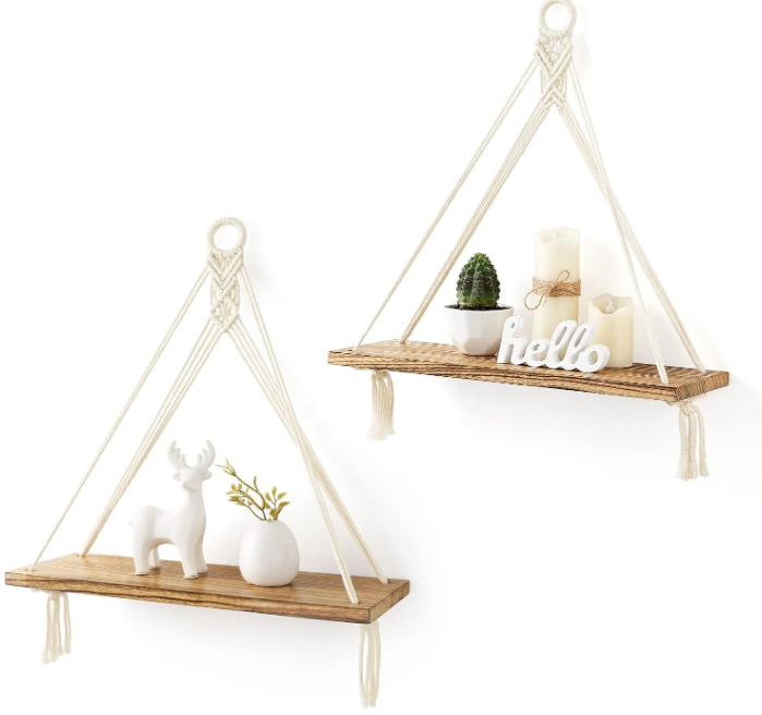 Macrame Hanging Shelves Boho Wall Decor Set of 2 Rustic Wood Floating Storage Shelf for Bedroom Bathroom Living Room Nursery Dorm Room, Display Shelving for Hanging Plants Photos