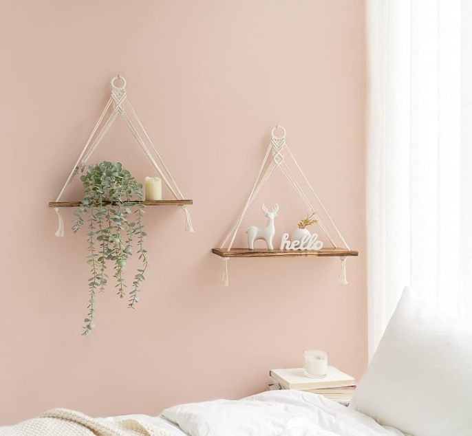Macrame Hanging Shelves Boho Wall Decor Set of 2 Rustic Wood Floating Storage Shelf for Bedroom Bathroom Living Room Nursery Dorm Room, Display Shelving for Hanging Plants Photos
