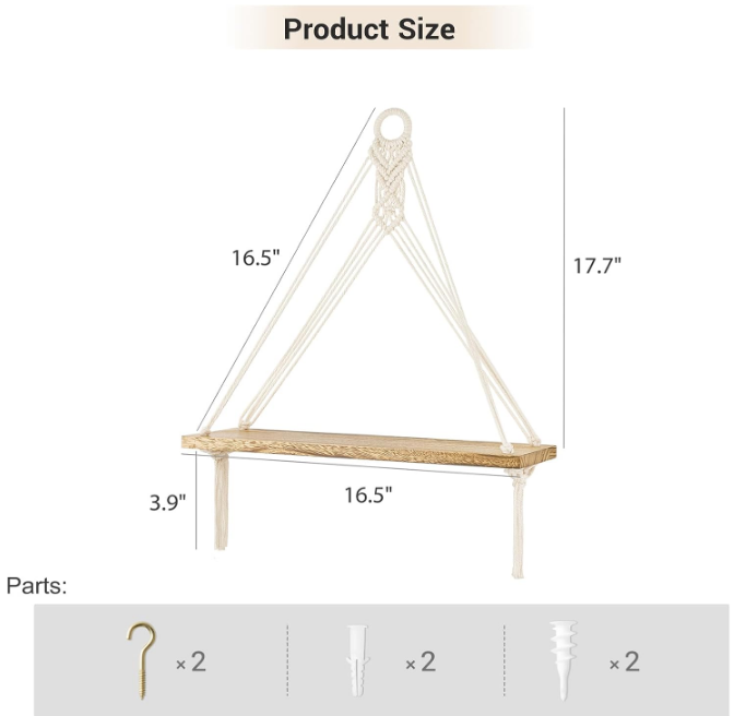 Macrame Hanging Shelves Boho Wall Decor Set of 2 Rustic Wood Floating Storage Shelf for Bedroom Bathroom Living Room Nursery Dorm Room, Display Shelving for Hanging Plants Photos