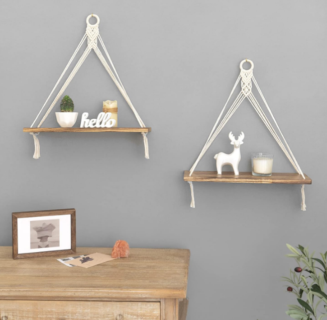 Macrame Hanging Shelves Boho Wall Decor Set of 2 Rustic Wood Floating Storage Shelf for Bedroom Bathroom Living Room Nursery Dorm Room, Display Shelving for Hanging Plants Photos