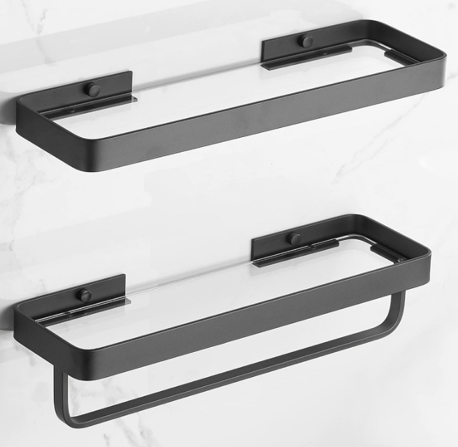 Bathroom Wall Shelf Black Glass Shelves 15.7in Bathroom Shelves with Towel bar Towel Shelf Wall Mounted 2 Tier
