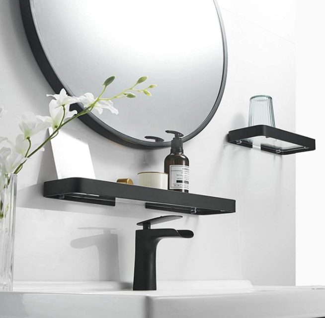 Bathroom Wall Shelf Black Glass Shelves 15.7in Bathroom Shelves with Towel bar Towel Shelf Wall Mounted 2 Tier