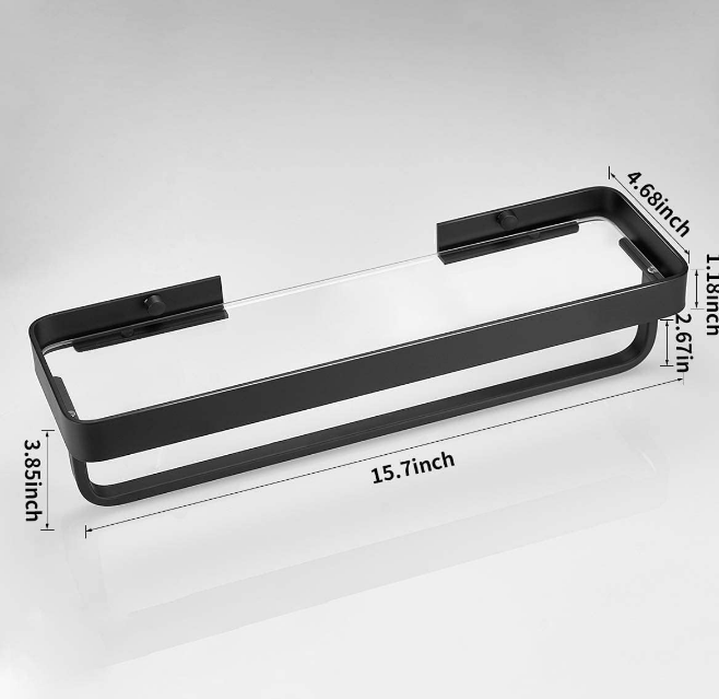 Bathroom Wall Shelf Black Glass Shelves 15.7in Bathroom Shelves with Towel bar Towel Shelf Wall Mounted 2 Tier