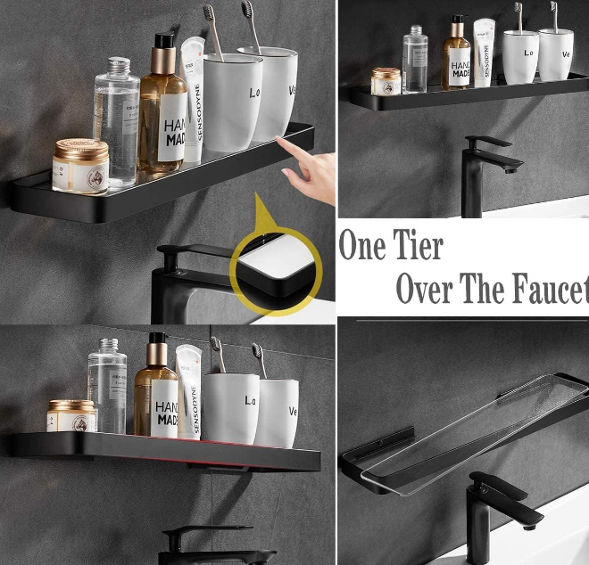 Bathroom Wall Shelf Black Glass Shelves 15.7in Bathroom Shelves with Towel bar Towel Shelf Wall Mounted 2 Tier