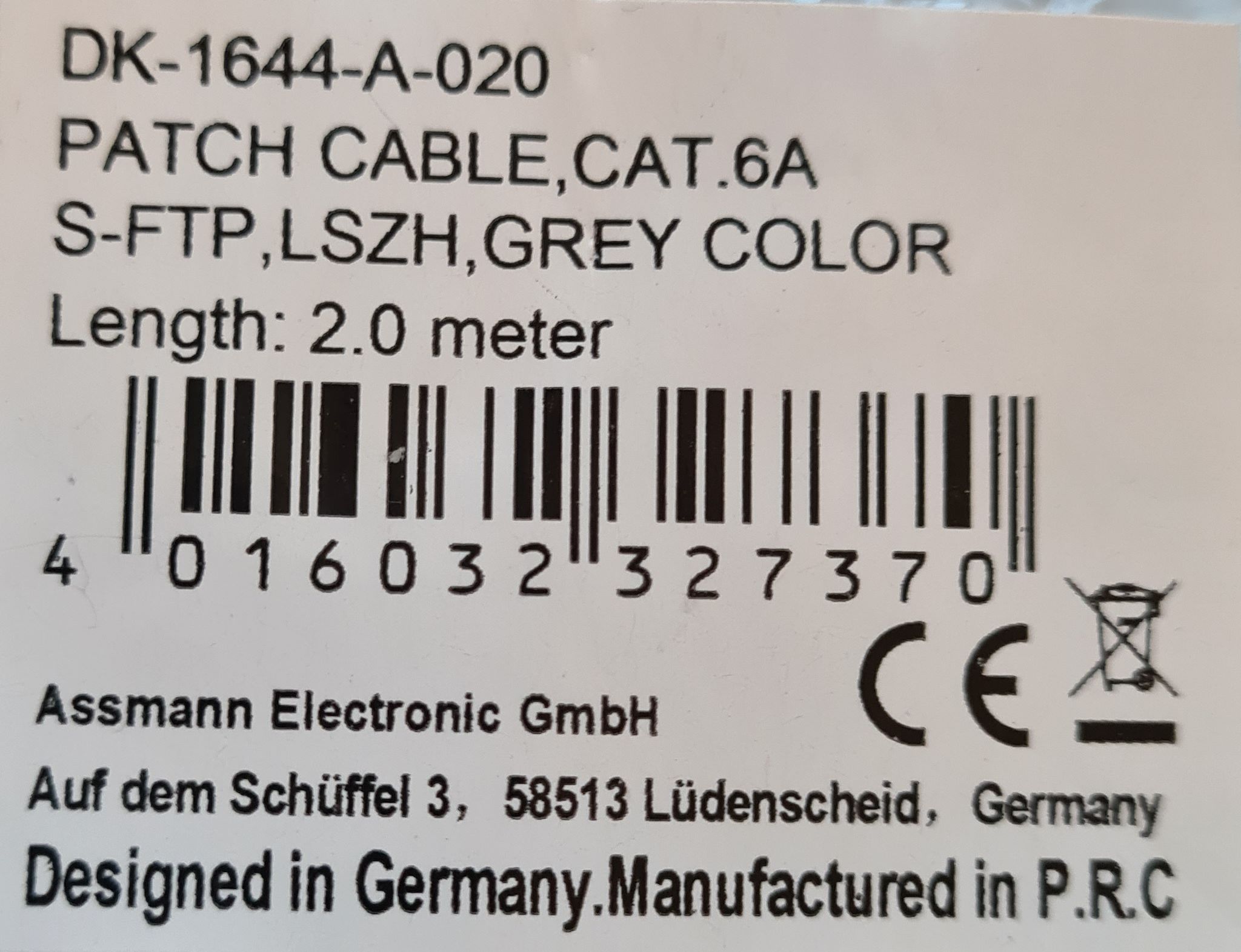 Netzwerkkabel CAT 6A Patchkabel S-FTP LSZH grau 2 m