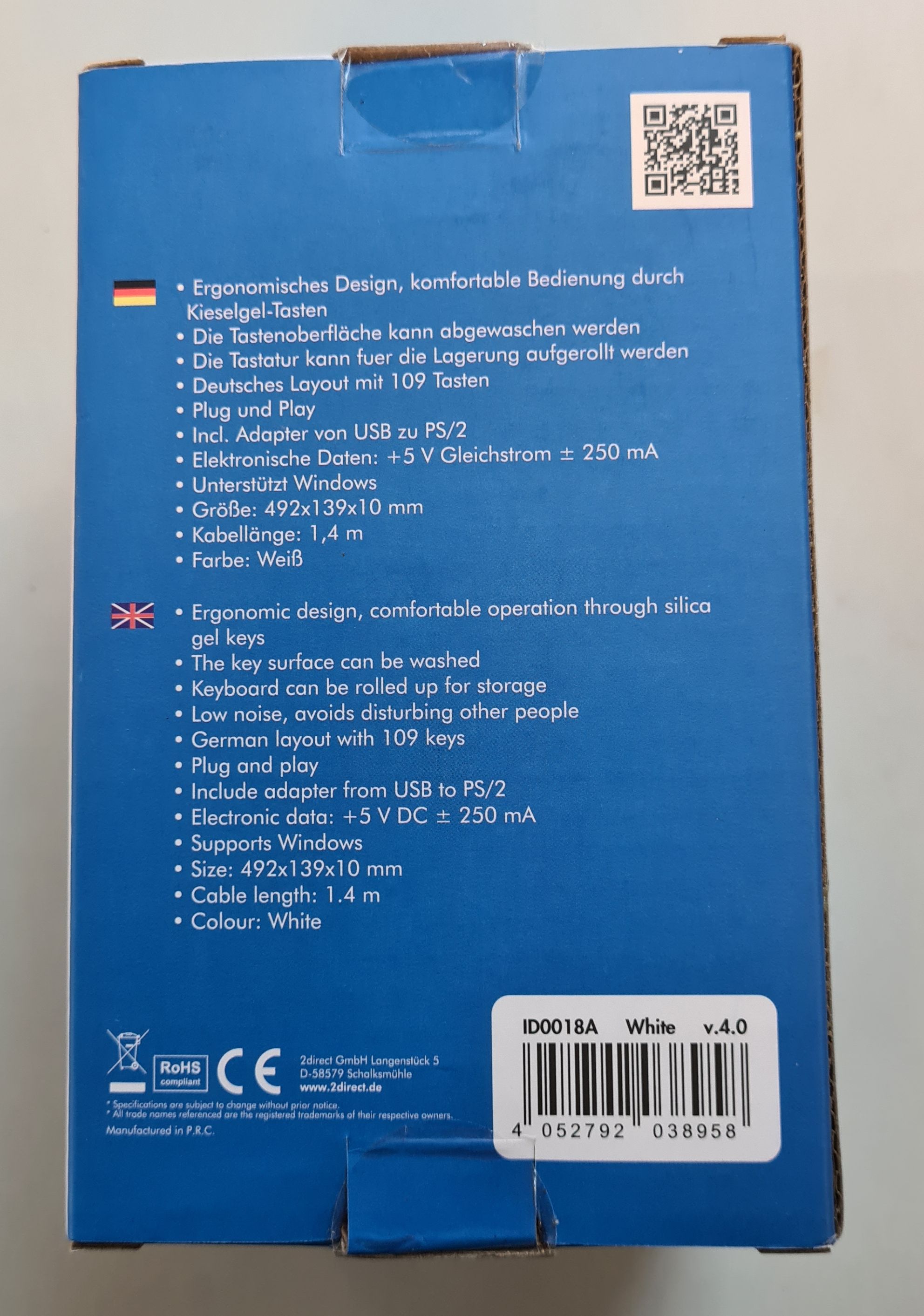 Tastatur Logilink USB / PS/2 Flexibel Wasserfest weiß