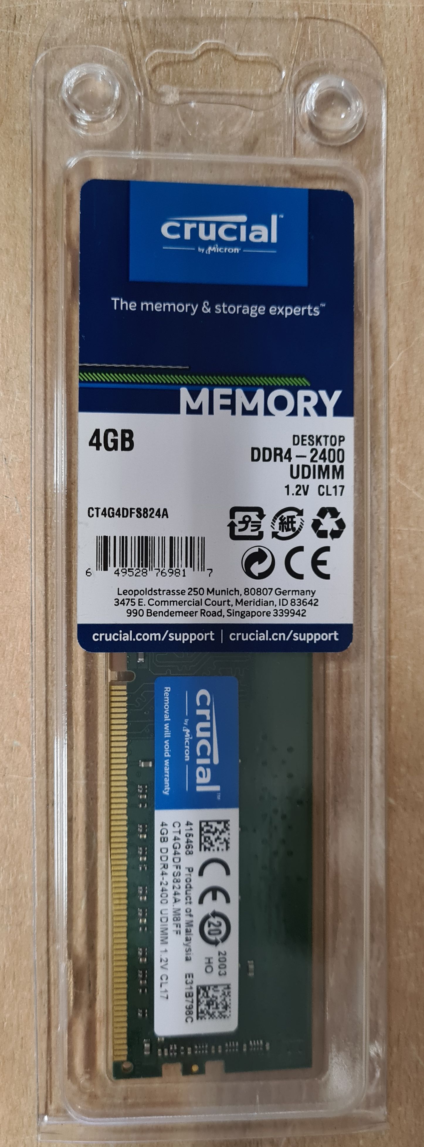 Arbeitsspeicher RAM DDR4 4GB PC 2400 CL17 Crucial Single Rank