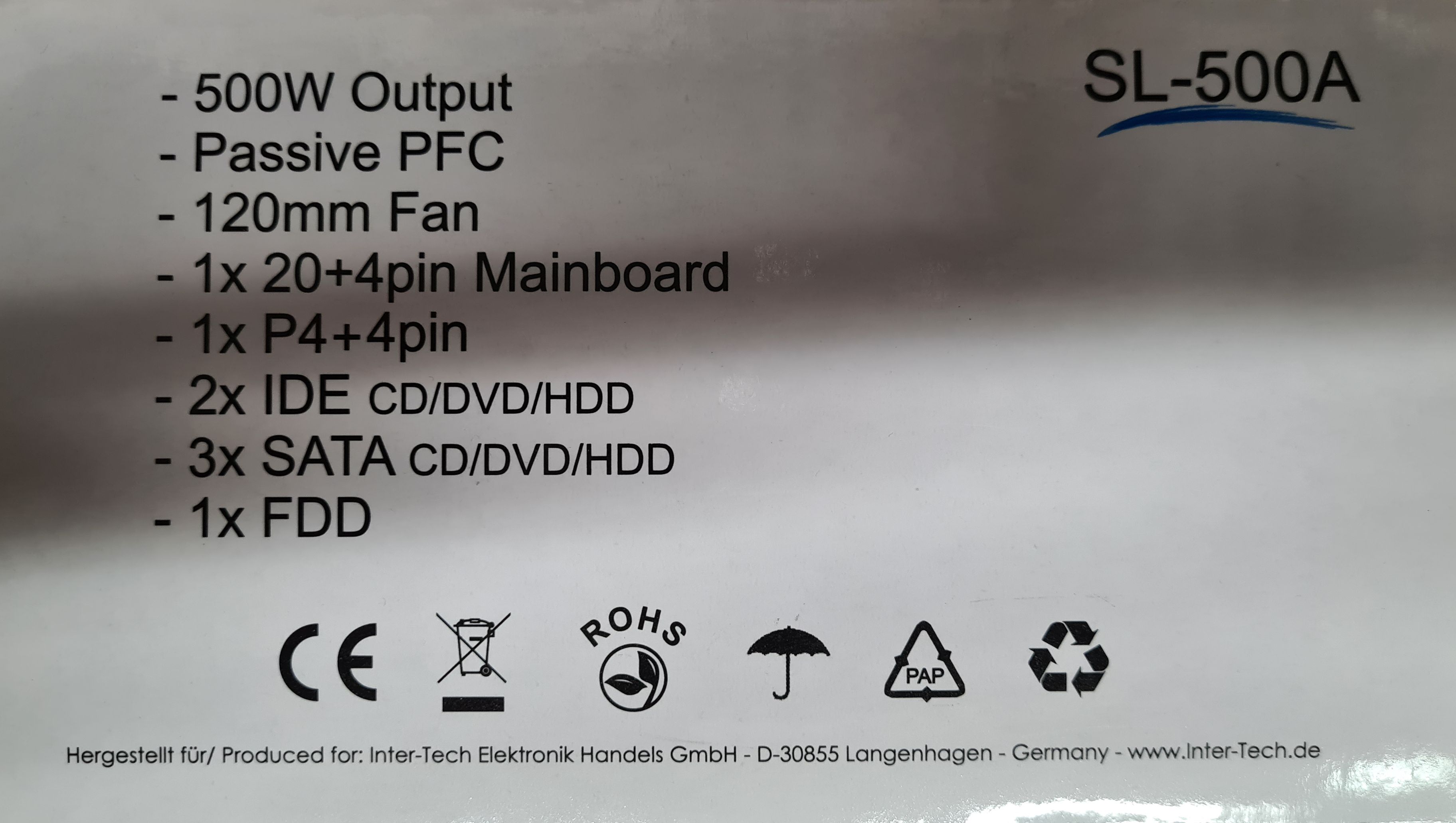 Netzteil 500 W Inter-Tech SL-500A 20+4 pin ATX Grau