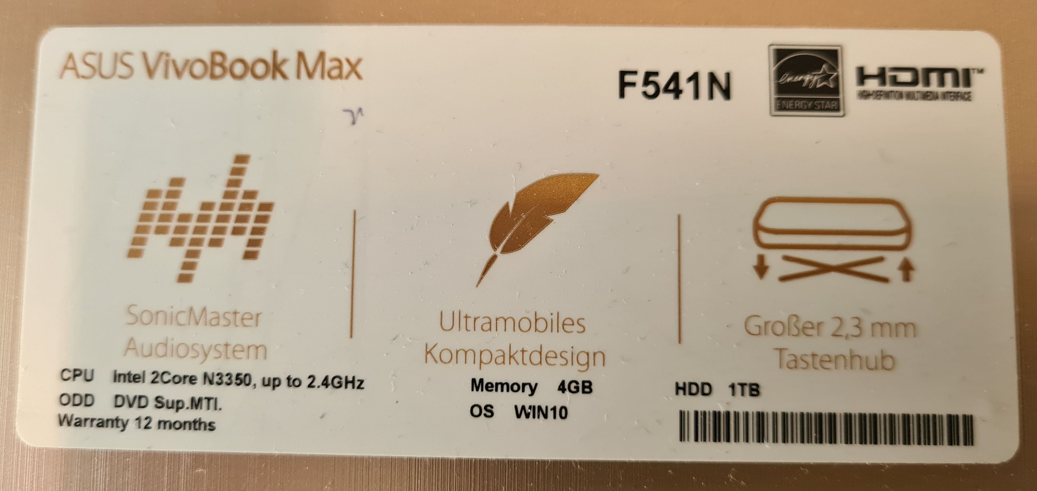 Notebook ASUS VivaBook Max F541N