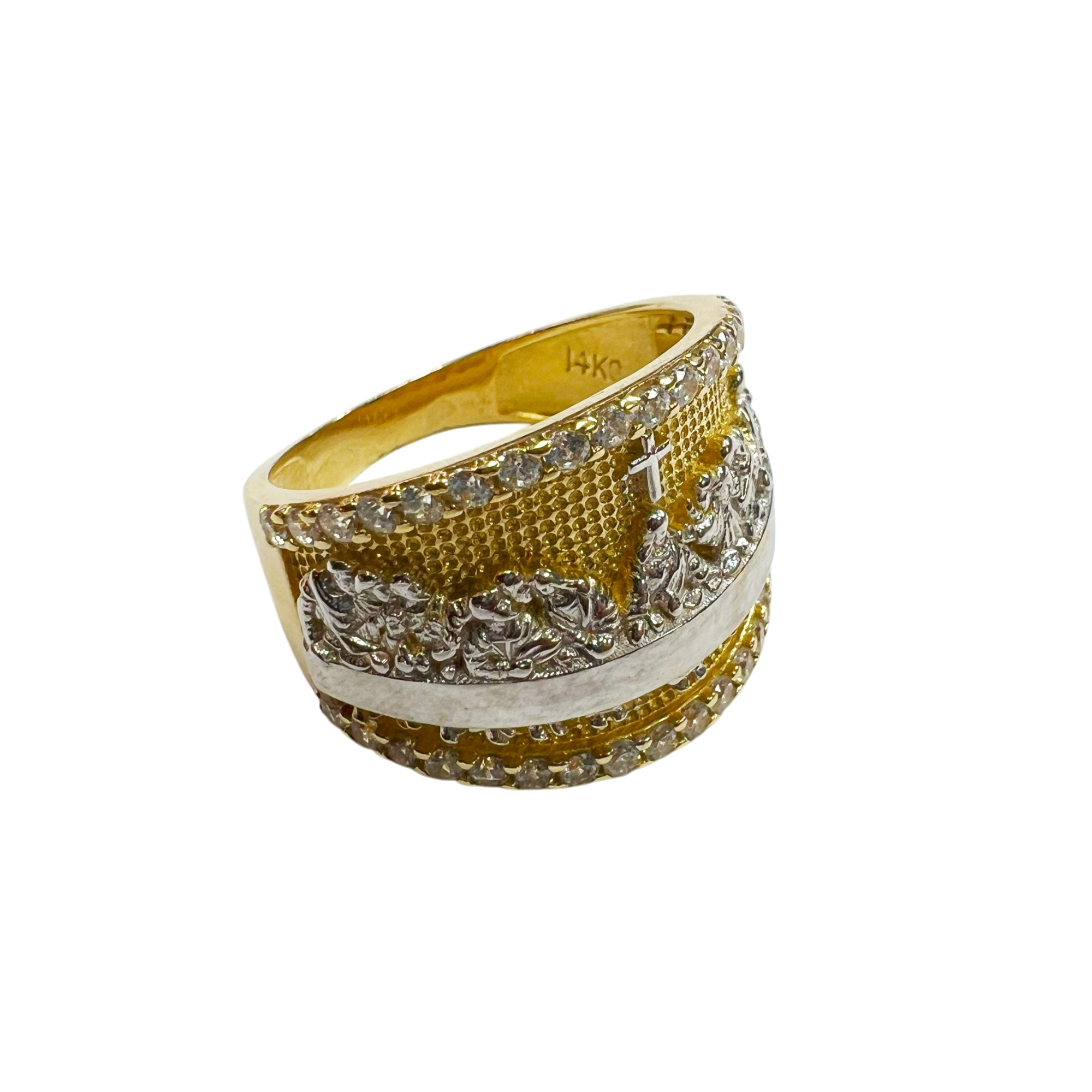 Gold Ring with "The Last Super" Engraved in Silver and Zirconia Frame