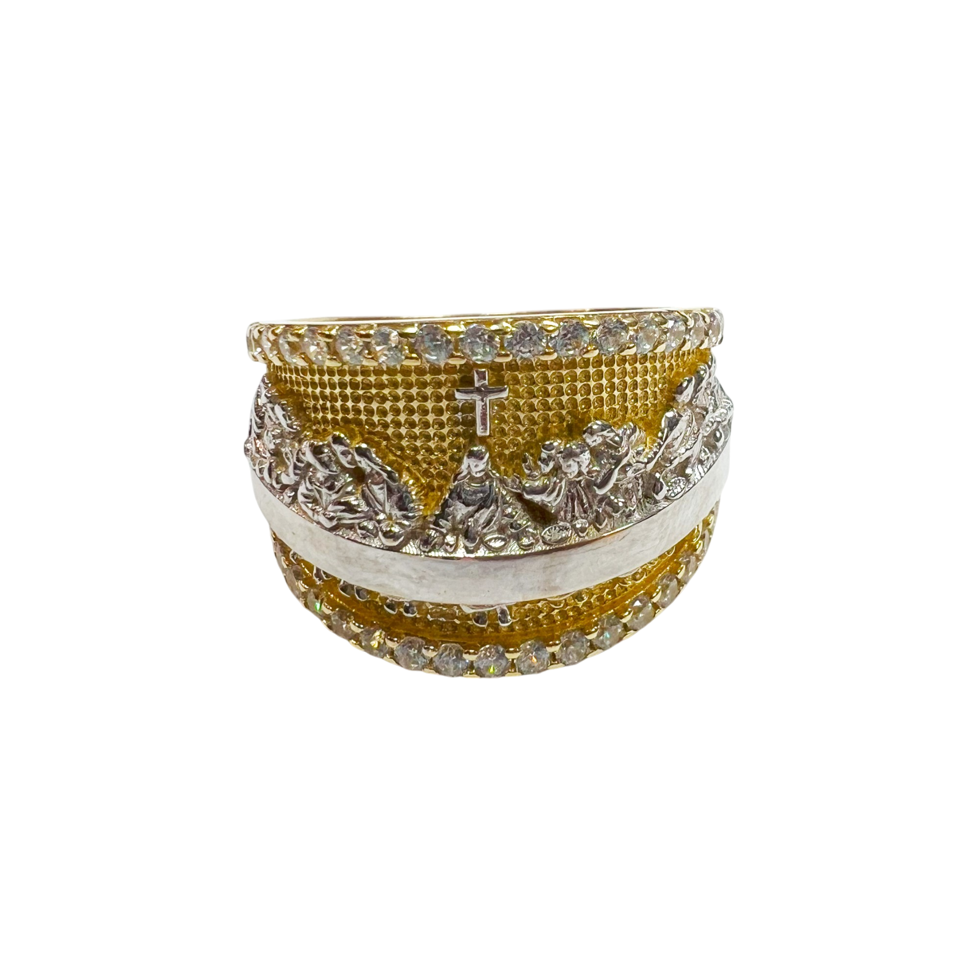 Gold Ring with "The Last Super" Engraved in Silver and Zirconia Frame